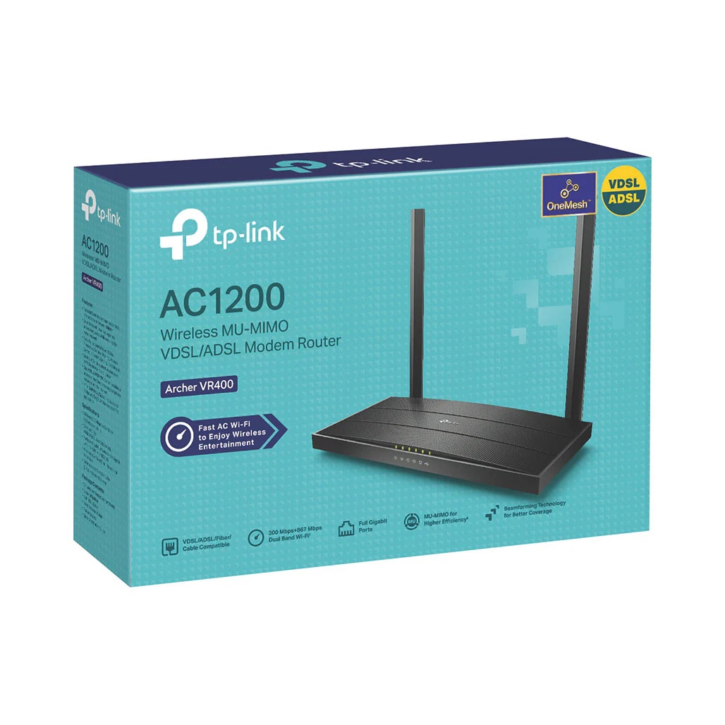 TP-Link Archer VR400 AC1200 Wireless VDSL/ADSL Modem Router – Dual Band, MU-MIMO, OneMesh™